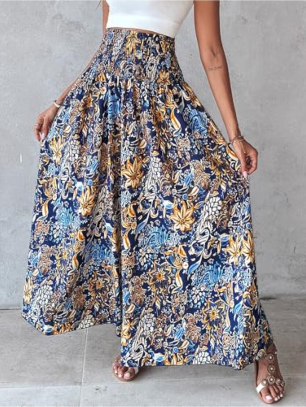 Boho Floral Shirred High Waisted Wide Leg Palazzo Pants Flowy Summer Beach - Picture 3 of 6